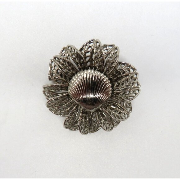 Vintage Flower Brooch Silver Tone Shell Center Filigree Stacked Petals Pin - Picture 2 of 7